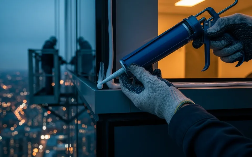 Close-up of gloved hands re-sealing a high-rise window joint
