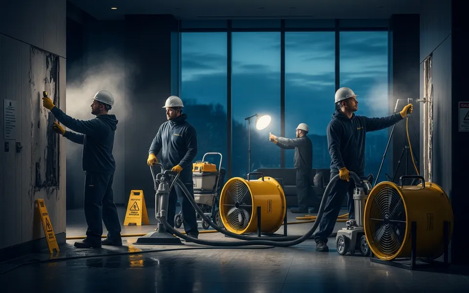 Restoration crew with drying fans responding to water damage at night