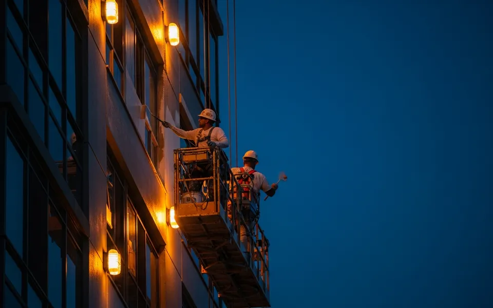 Painters on a swing stage coating a building exterior