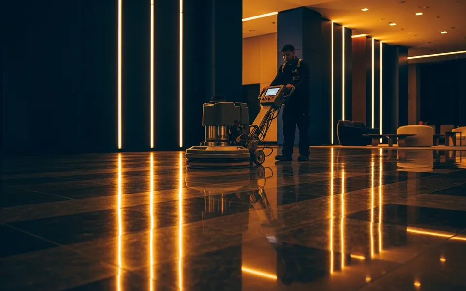 Operator running a floor burnisher across a gleaming lobby