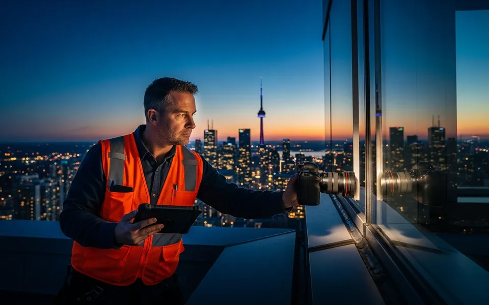 Inspector photographing facade sealants from a rooftop