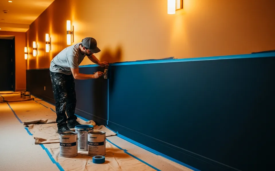 Painter cutting a clean line in an upscale condo hallway