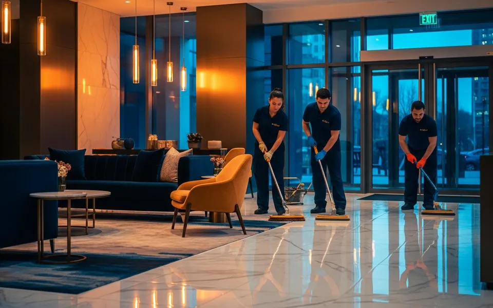 Uniformed crew polishing a luxury condo lobby at night