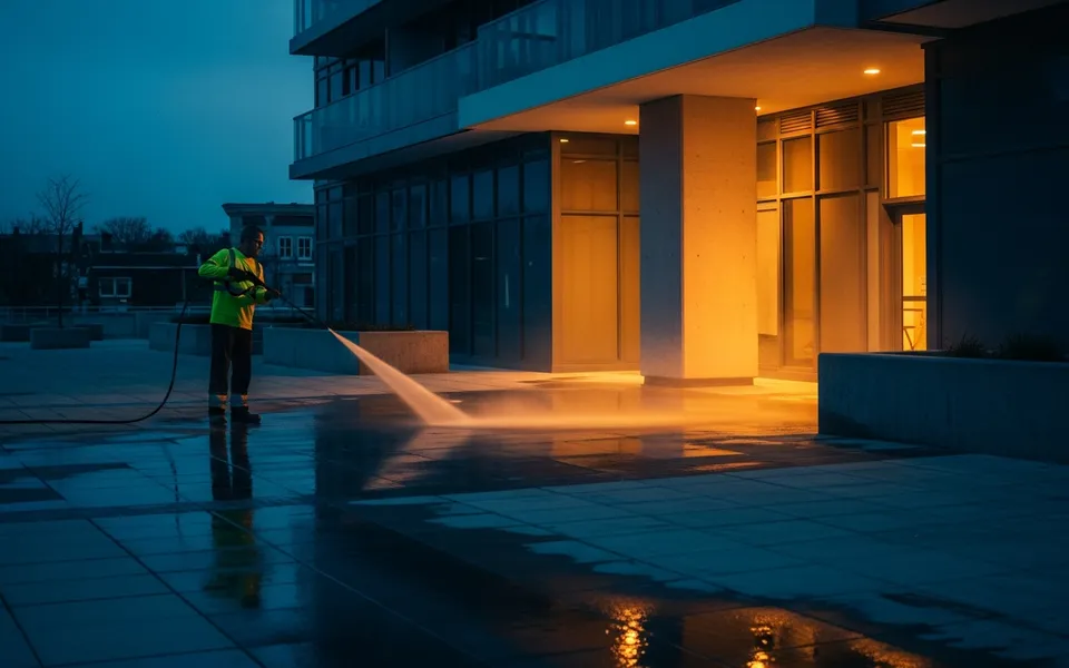 Worker pressure-washing a concrete podium plaza at dusk