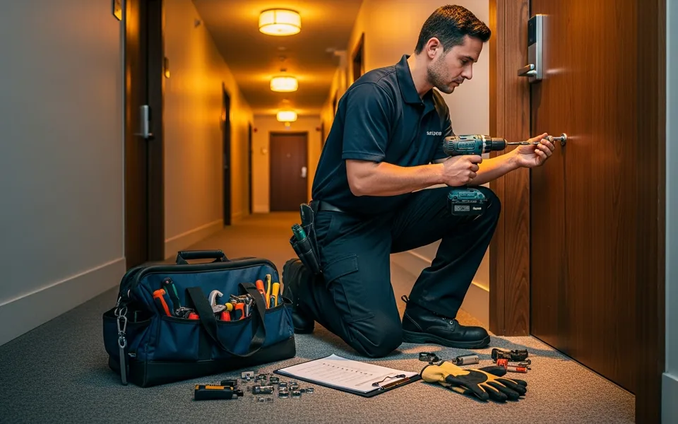 Technician repairing door hardware in a residential corridor
