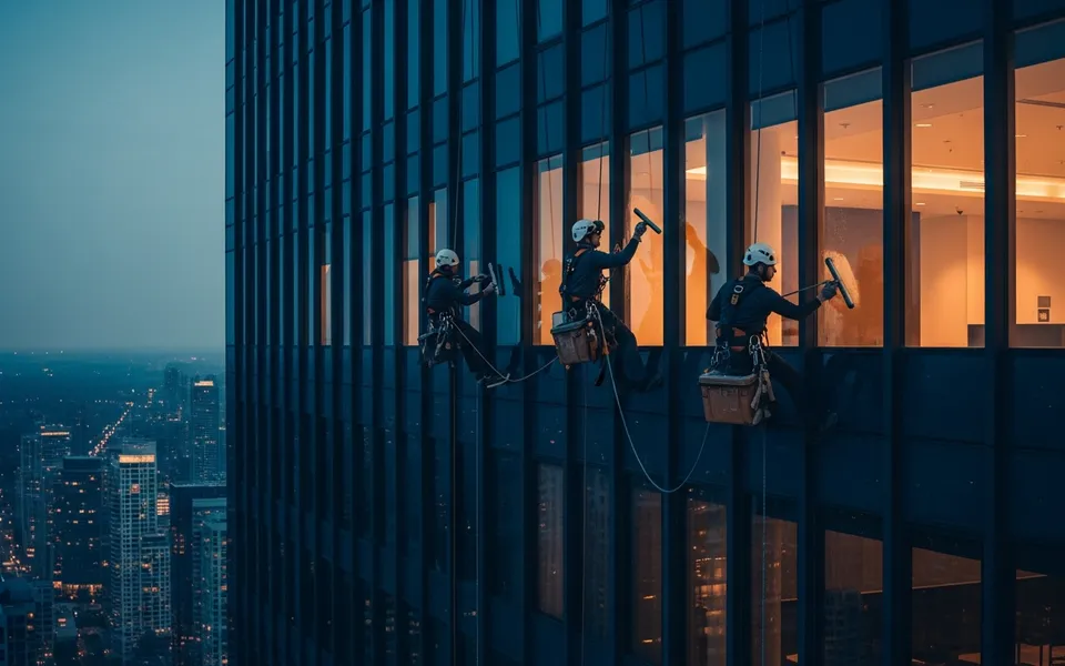 Rope-access technicians cleaning high-rise windows at dusk